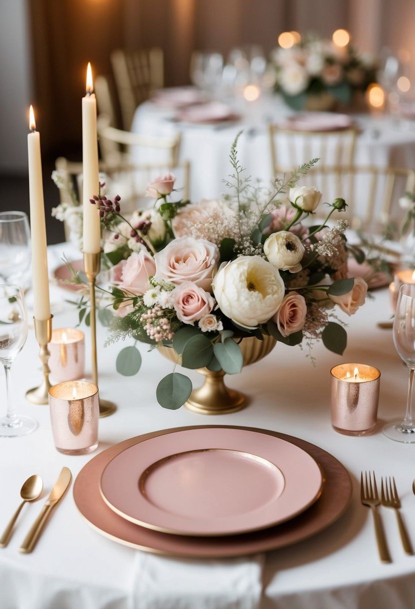 Dusty rose chargers arranged with delicate florals and candles on a wedding reception table