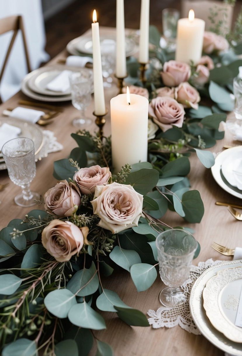 A table adorned with eucalyptus branches and dusty rose floral arrangements, accented with delicate lace and vintage candles