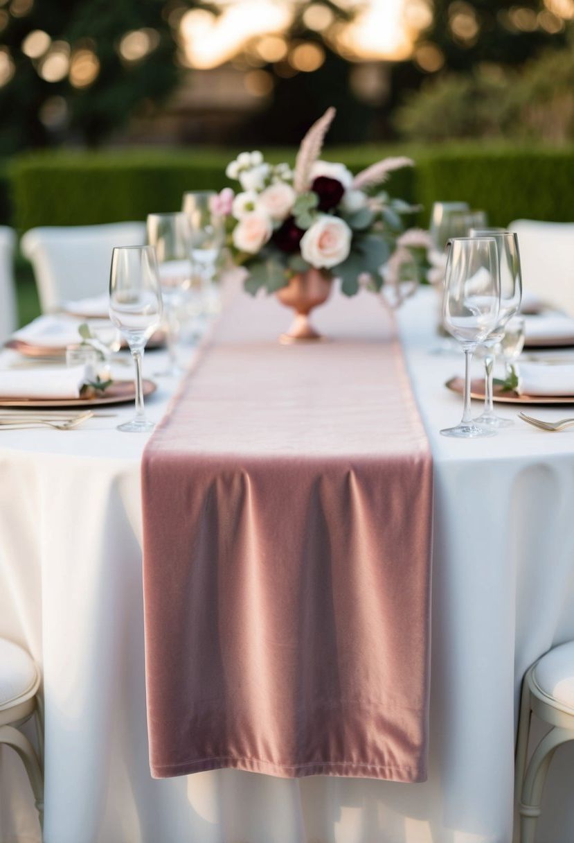 A dusty rose velvet table runner drapes elegantly across a wedding table, adding a touch of sophistication to the decor