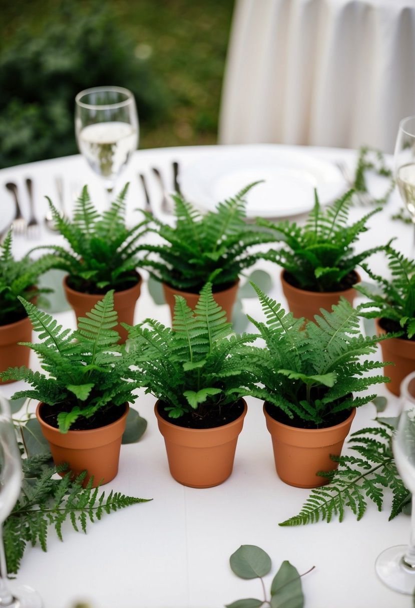 Miniature ferns arranged in small pots on a wedding table, surrounded by greenery and delicate decorations