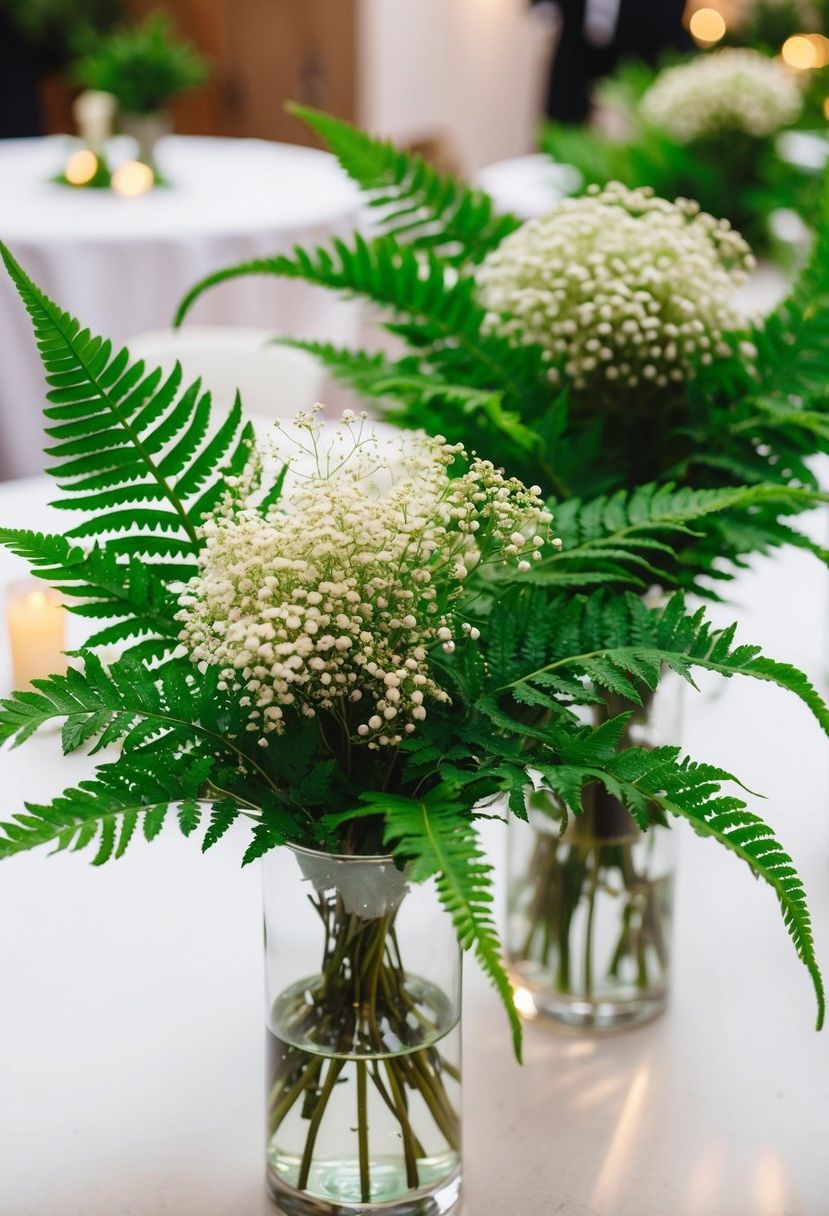 Lush green ferns and delicate baby's breath fill vases on a wedding reception table