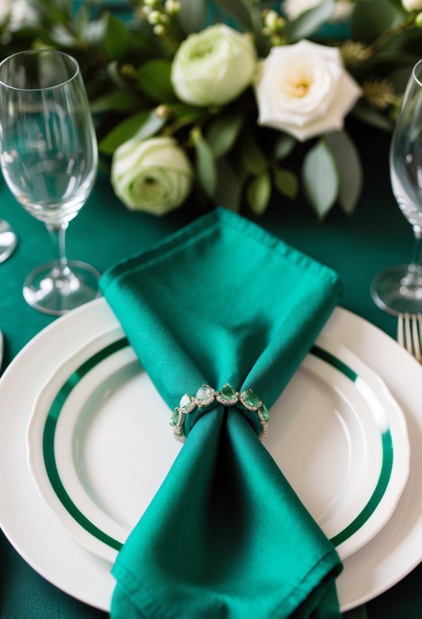 An emerald green napkin is elegantly folded and placed on a table setting, surrounded by matching green wedding decor