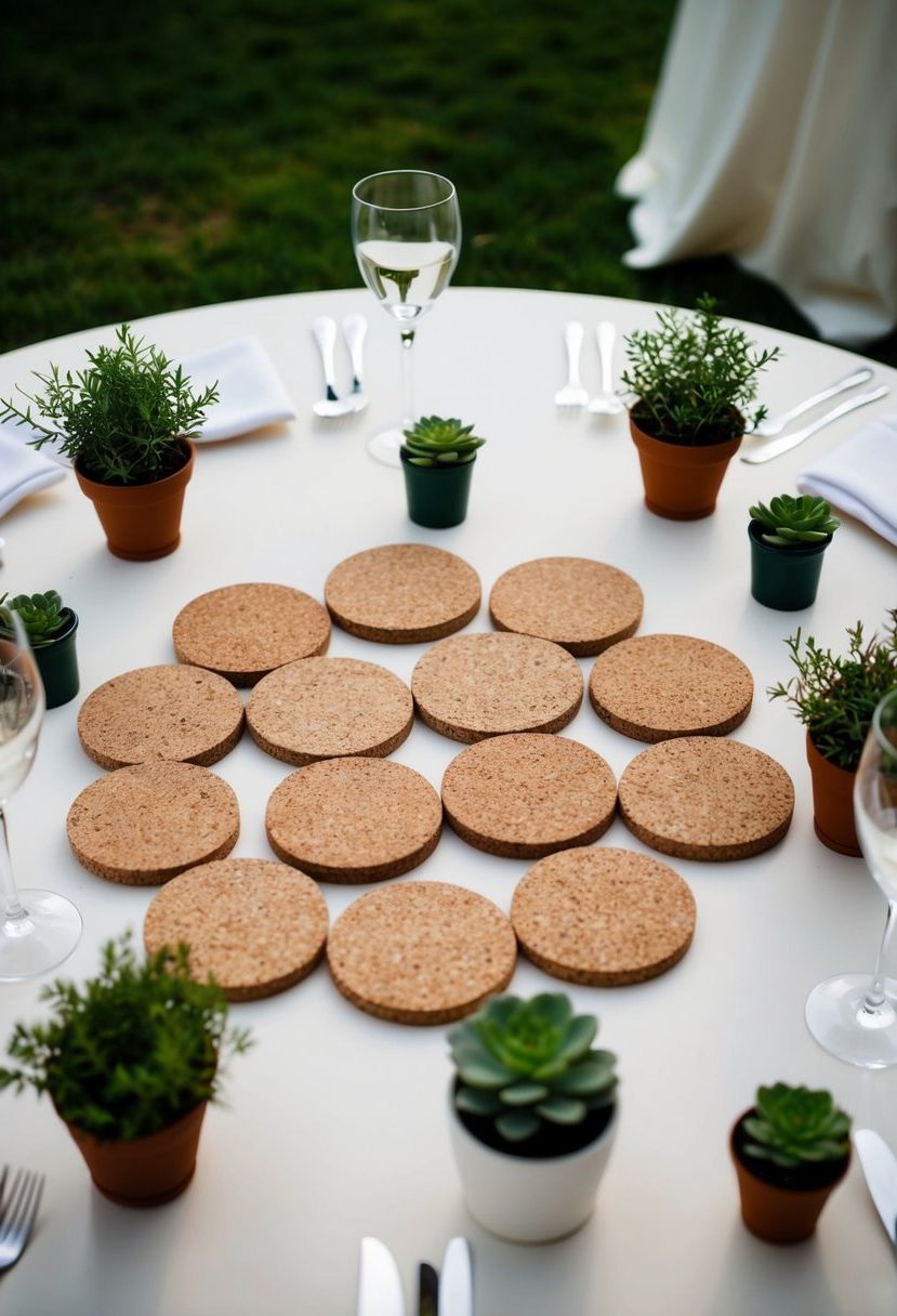 Sustainable cork coasters arranged in a circular pattern on a wedding table, surrounded by fresh greenery and small potted plants