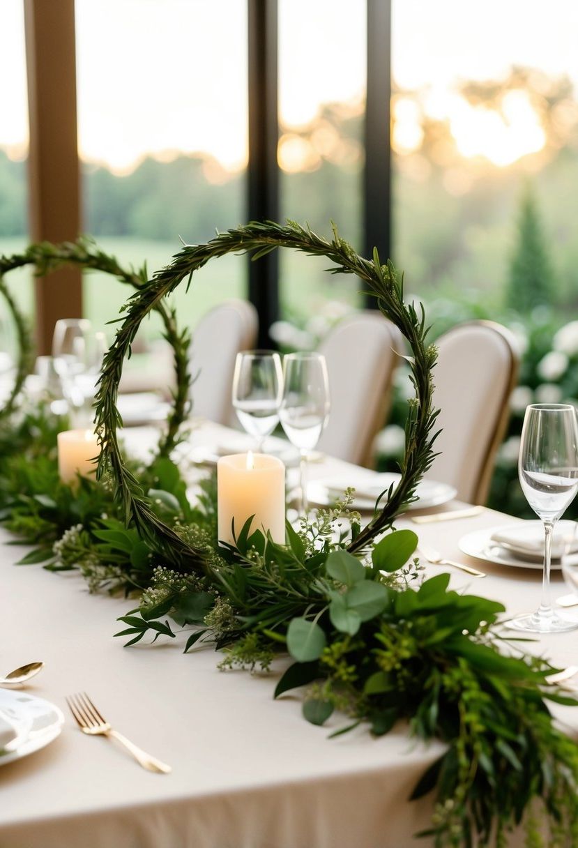 A table adorned with intertwined greenery hoops, creating a natural and elegant wedding centerpiece