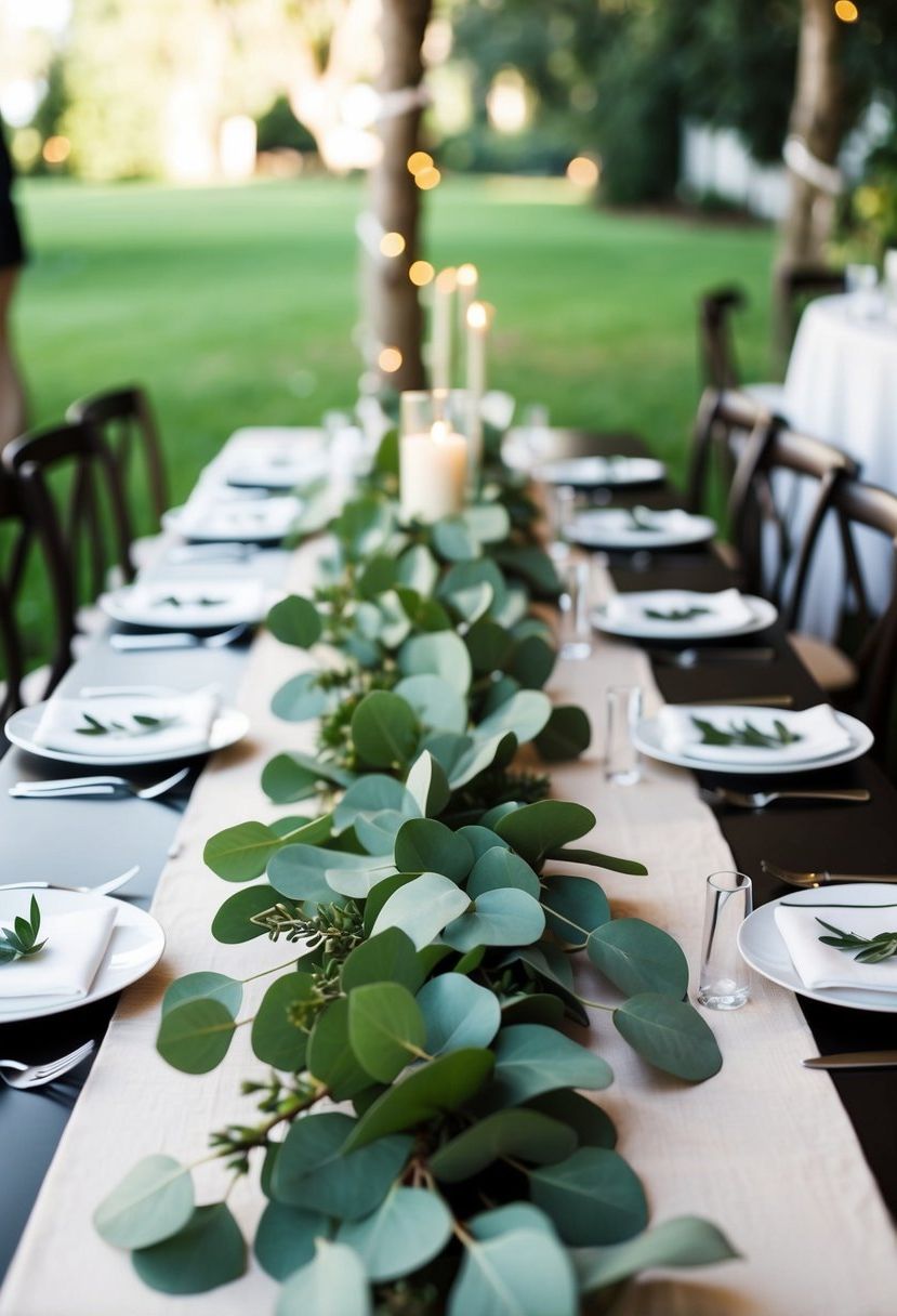 A lush eucalyptus garland runner winds along a wedding table, adding a fresh and elegant touch to the green-themed decor