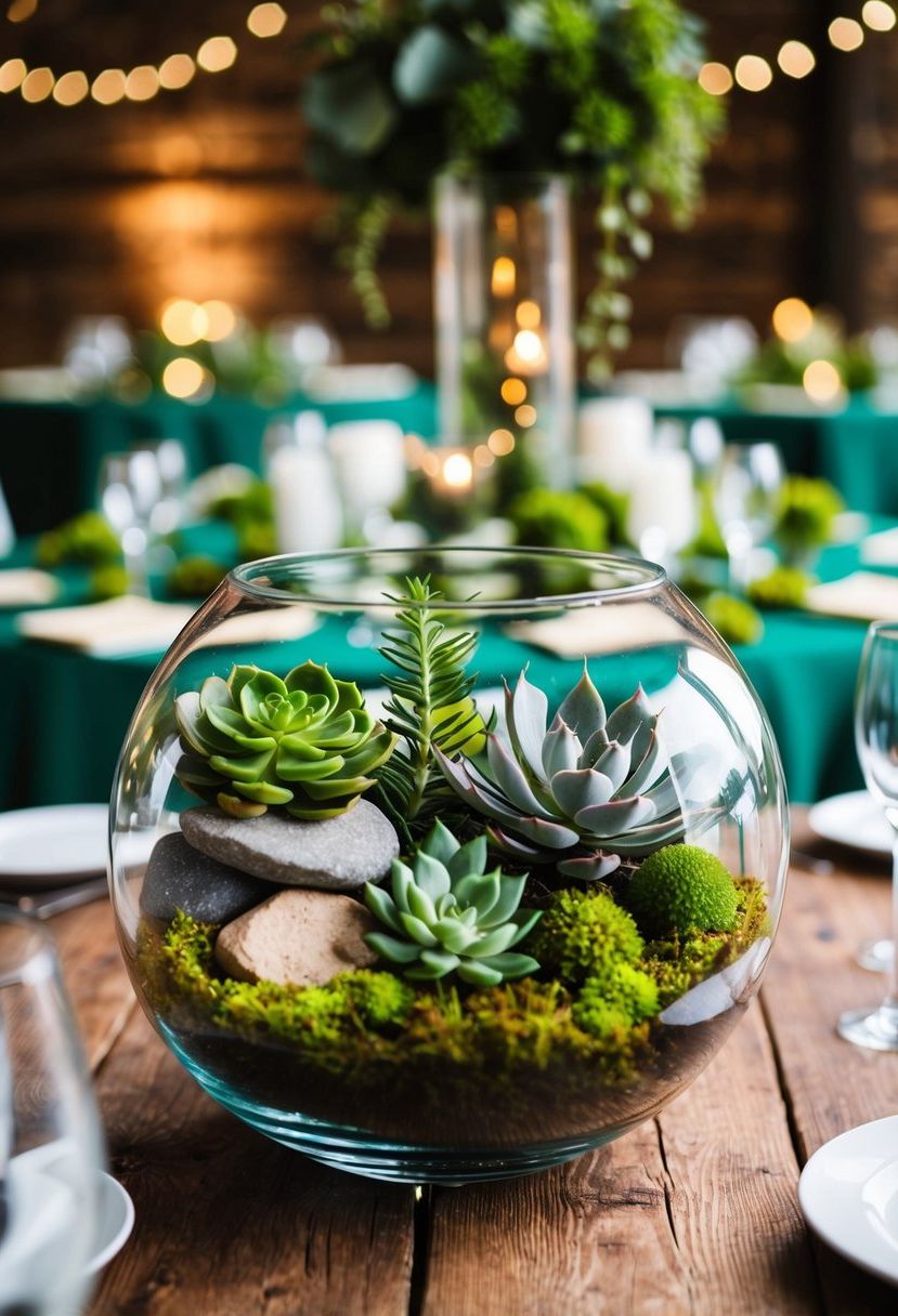 A glass terrarium filled with assorted succulents, moss, and rocks sits as a centerpiece on a rustic wooden table at a green-themed wedding reception