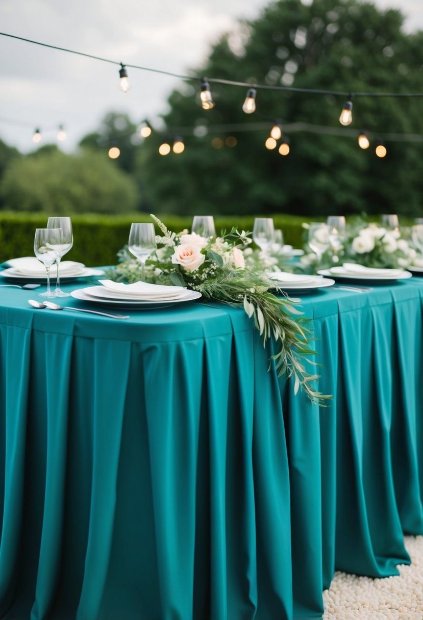 A teal tablecloth drapes over a table, adorned with greenery and floral decorations, creating a serene and elegant wedding table setting