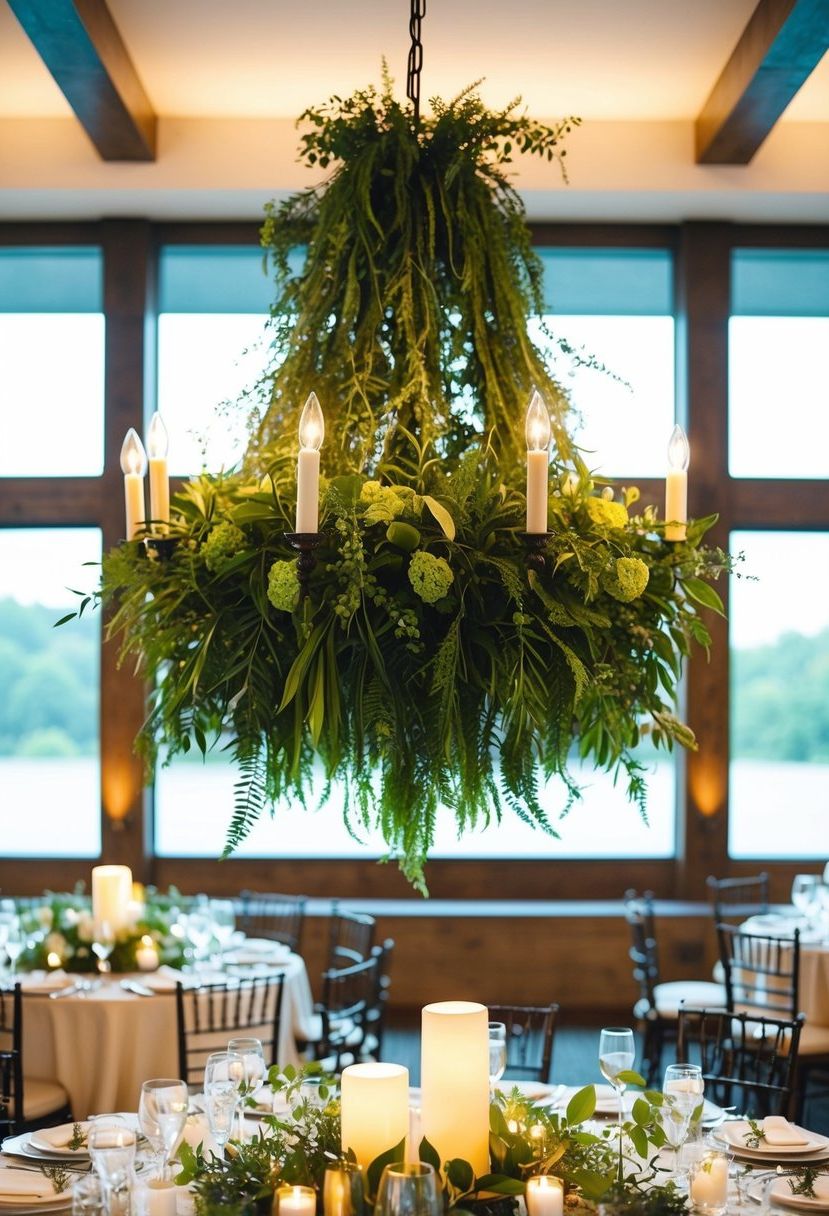A lush green chandelier made of foliage hangs above a wedding table, creating a natural and elegant centerpiece