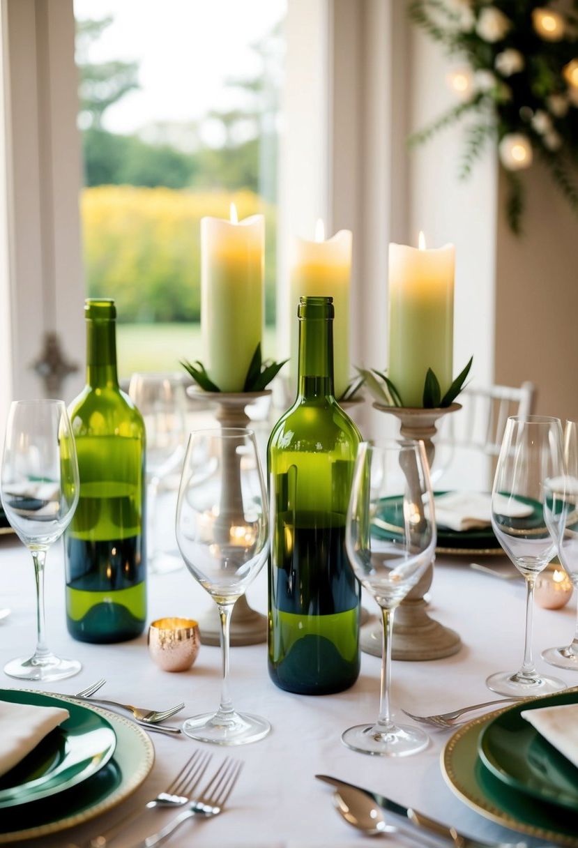 A table set with green wine bottle candle holders, creating an elegant and romantic atmosphere for a wedding celebration