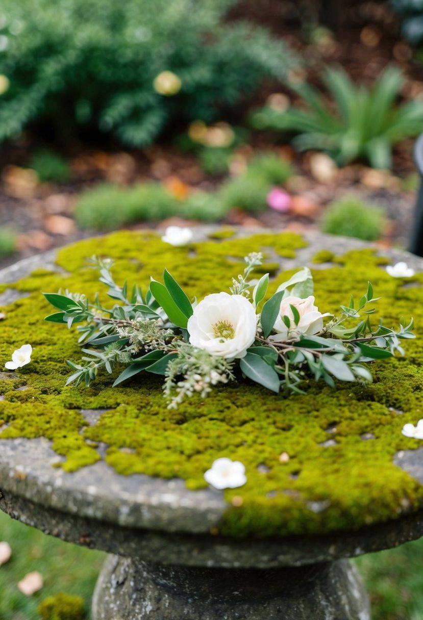 A moss-covered stone table with scattered greenery and delicate floral accents