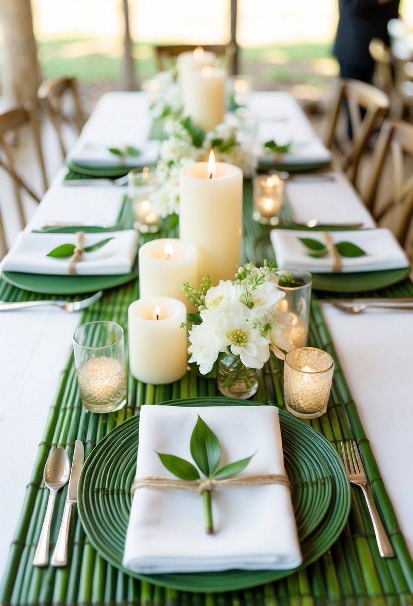 A table set with green bamboo placemats, adorned with delicate white flowers and candles, creating a serene and elegant wedding atmosphere