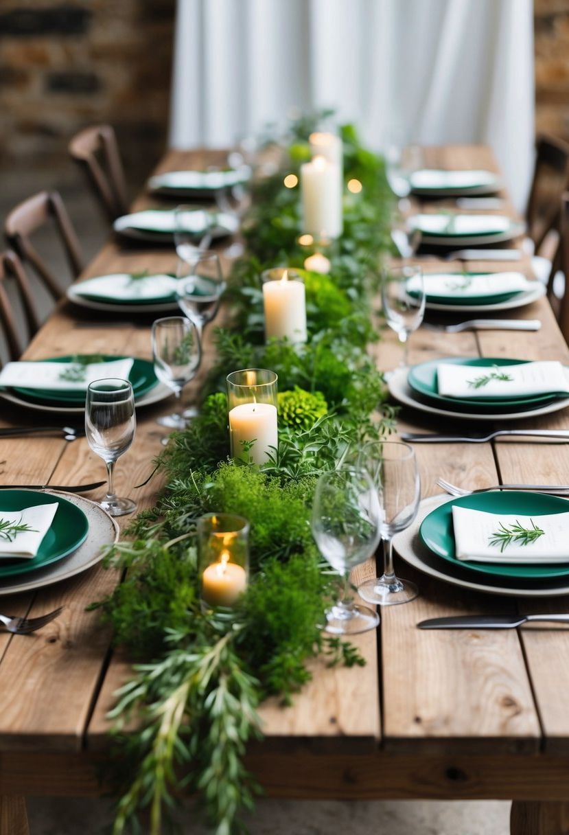 A rustic wooden table adorned with herb-filled table runners, creating a fresh and vibrant green wedding table decoration