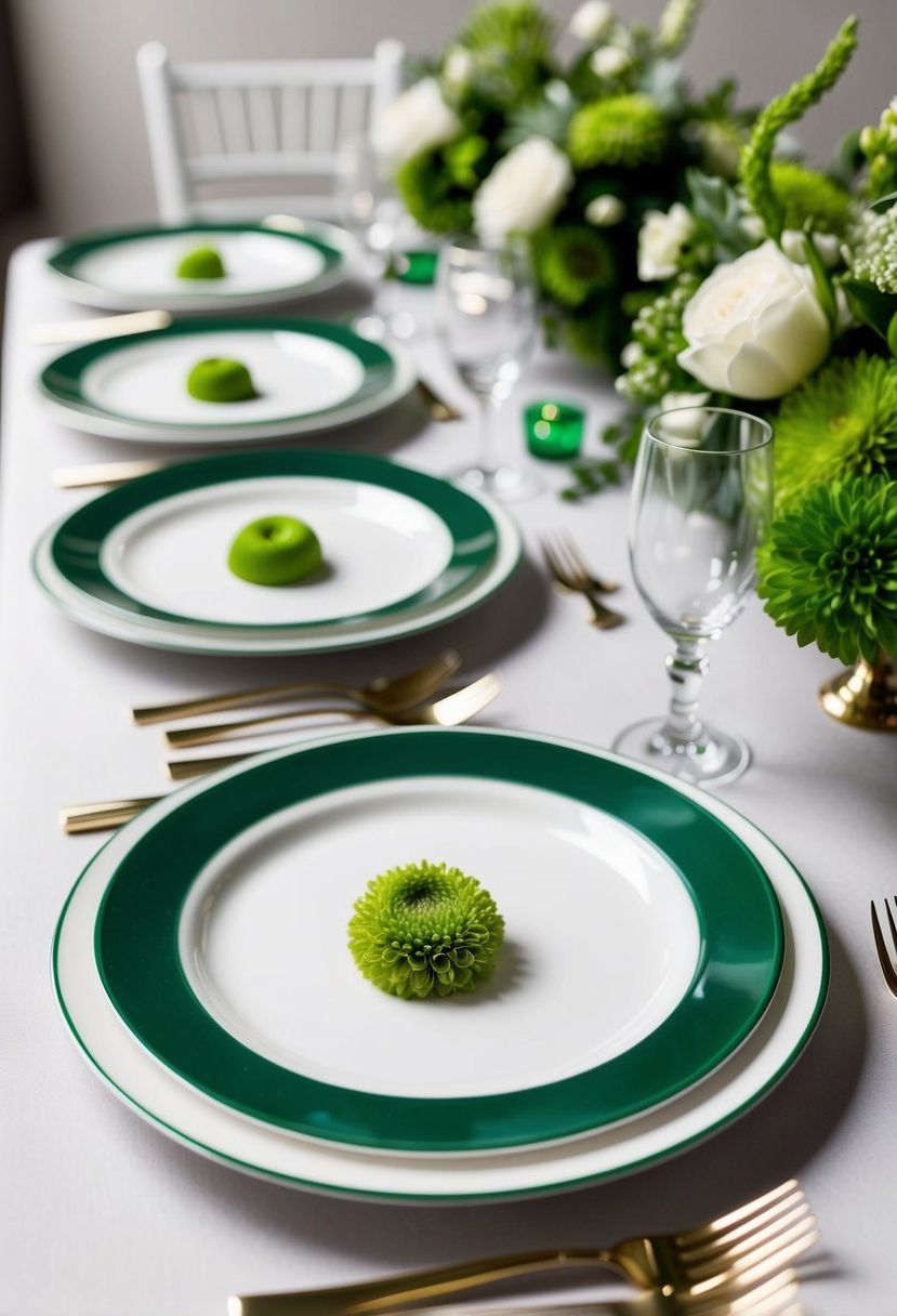 White plates with emerald green rims arranged on a table with matching green floral centerpieces