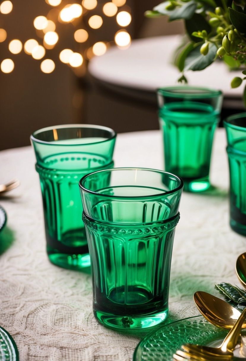 Emerald green glasses and table decor, vintage style