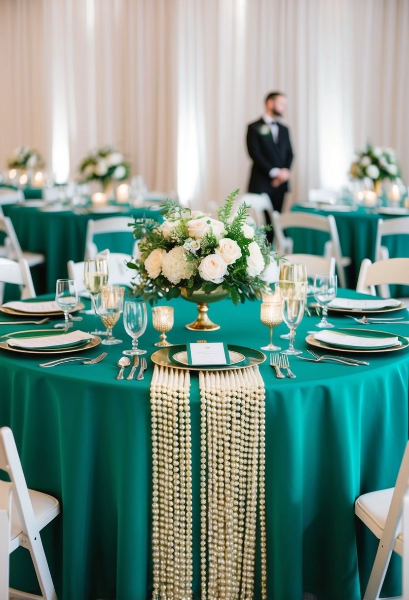 Emerald green tablecloth with pearl overlays, adorned with elegant centerpieces and tableware for a wedding reception