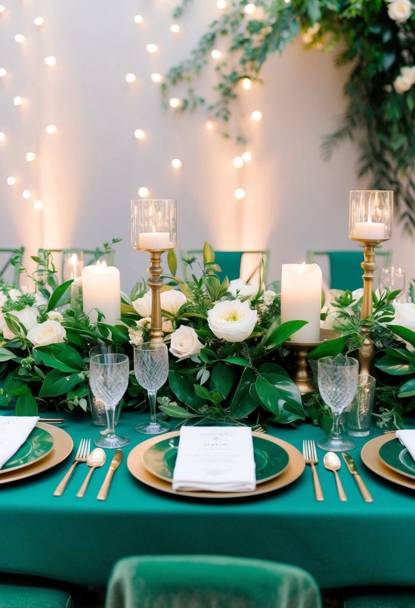 An emerald green table adorned with lush foliage, elegant place settings, and shimmering candlelight