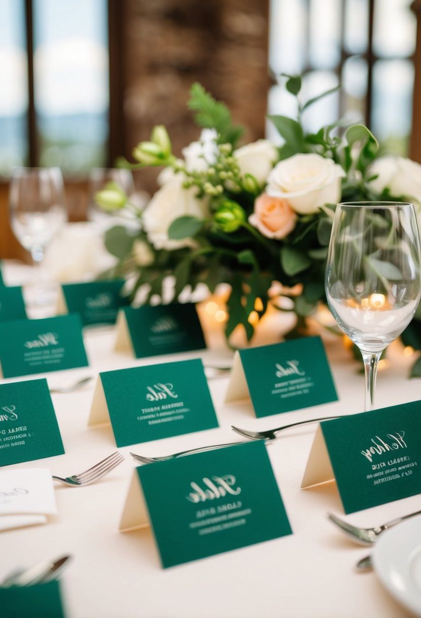Emerald green place cards arranged on a decorated wedding table