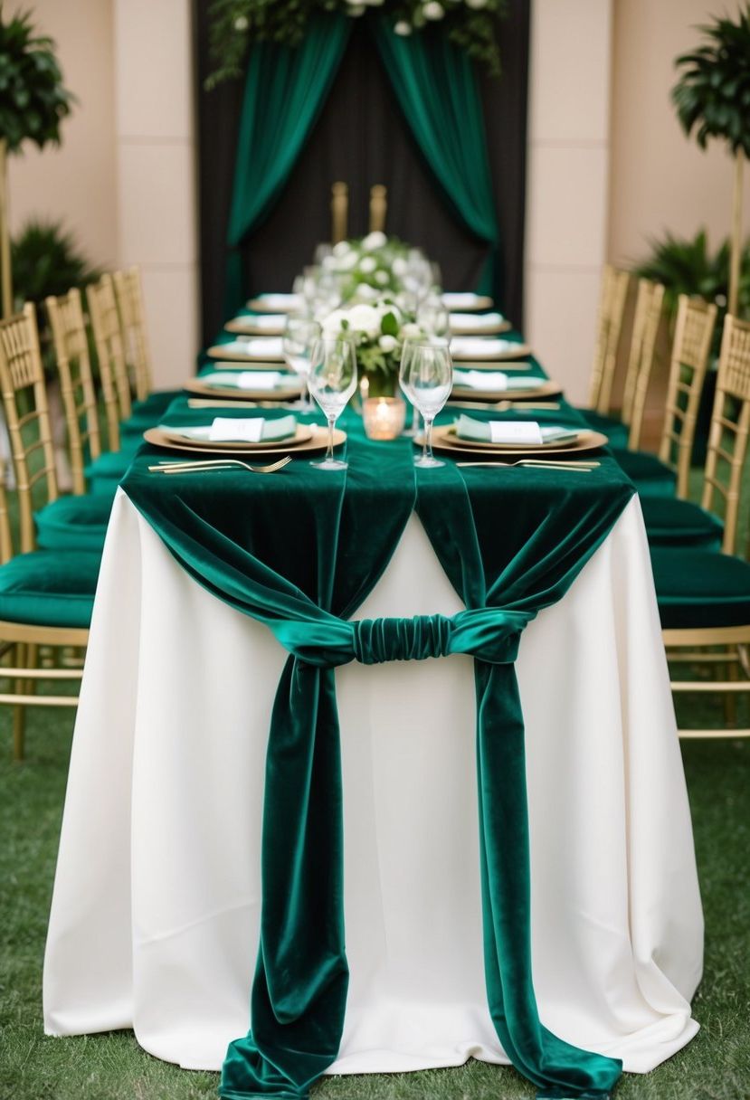 An emerald velvet table runner drapes across a table adorned with green wedding decor, creating an elegant and luxurious atmosphere