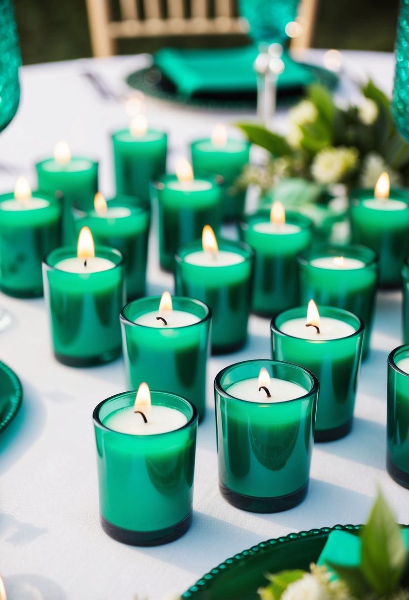 Emerald green candle votives arranged on a wedding table with matching green decorations