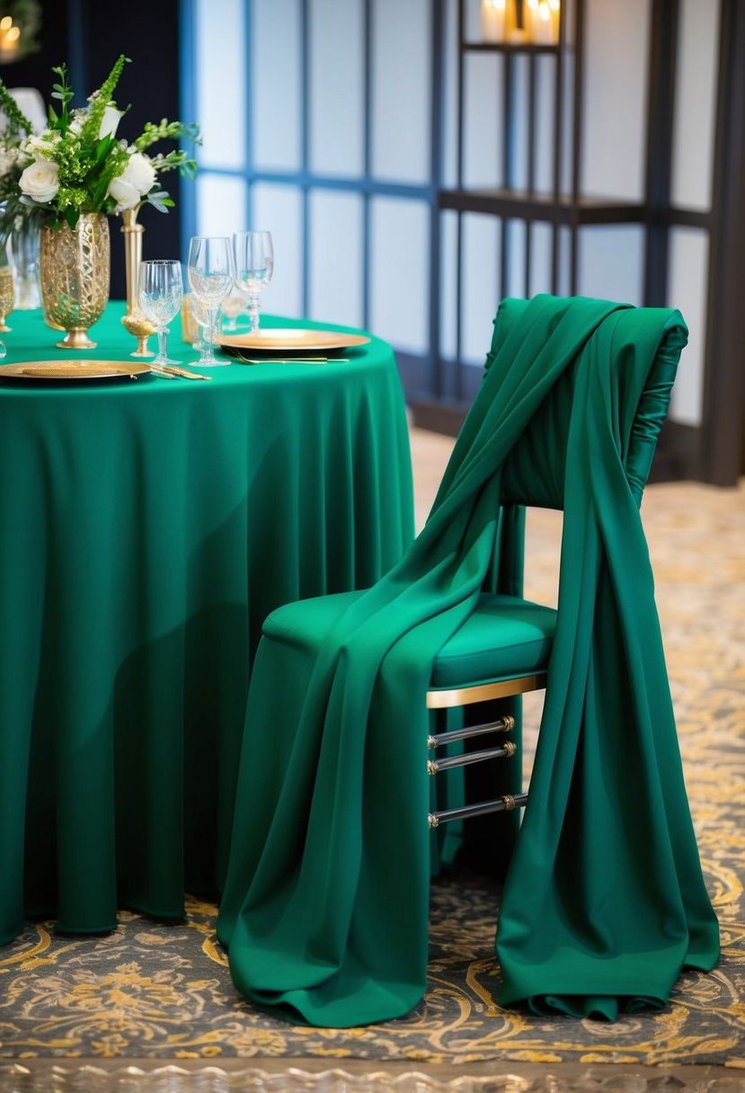 An emerald green draped chair sits beside an emerald green table adorned with decorative elements