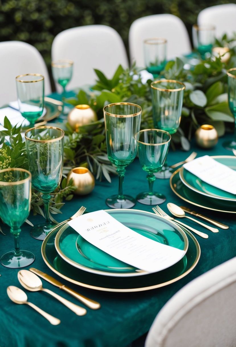 Gold-rimmed emerald glassware arranged on a table with lush greenery and gold accents