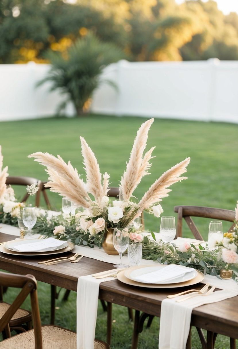 A boho-style wedding table adorned with pampas grass and floral accents