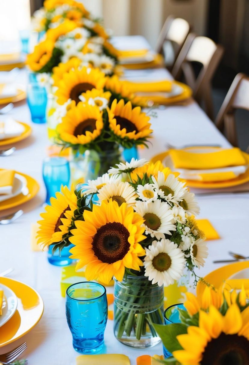 A vibrant floral wedding table with sunflowers and daisies arranged in bright and cheerful centerpieces