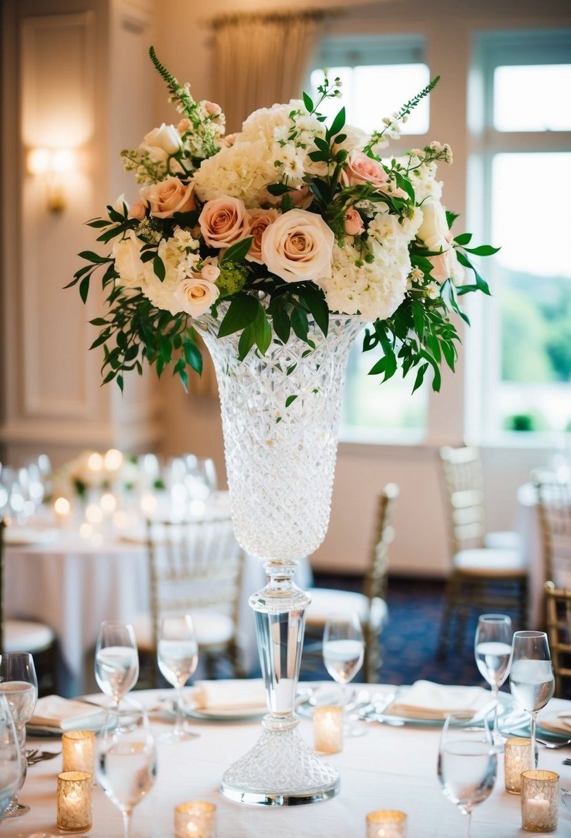 An elegant tall crystal vase holds a stunning floral wedding table centerpiece