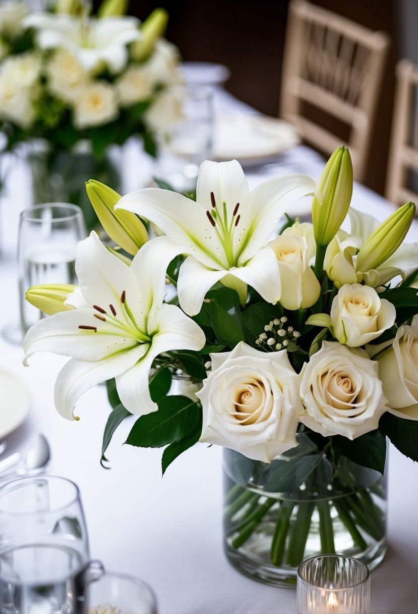 A white lily and rose centerpiece adorns a wedding table with elegance