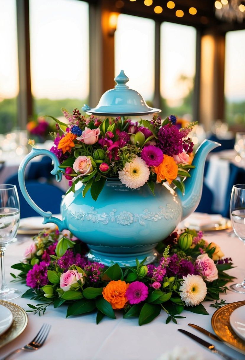 An antique teapot overflowing with vibrant floral displays, serving as a centerpiece for a romantic wedding table decoration