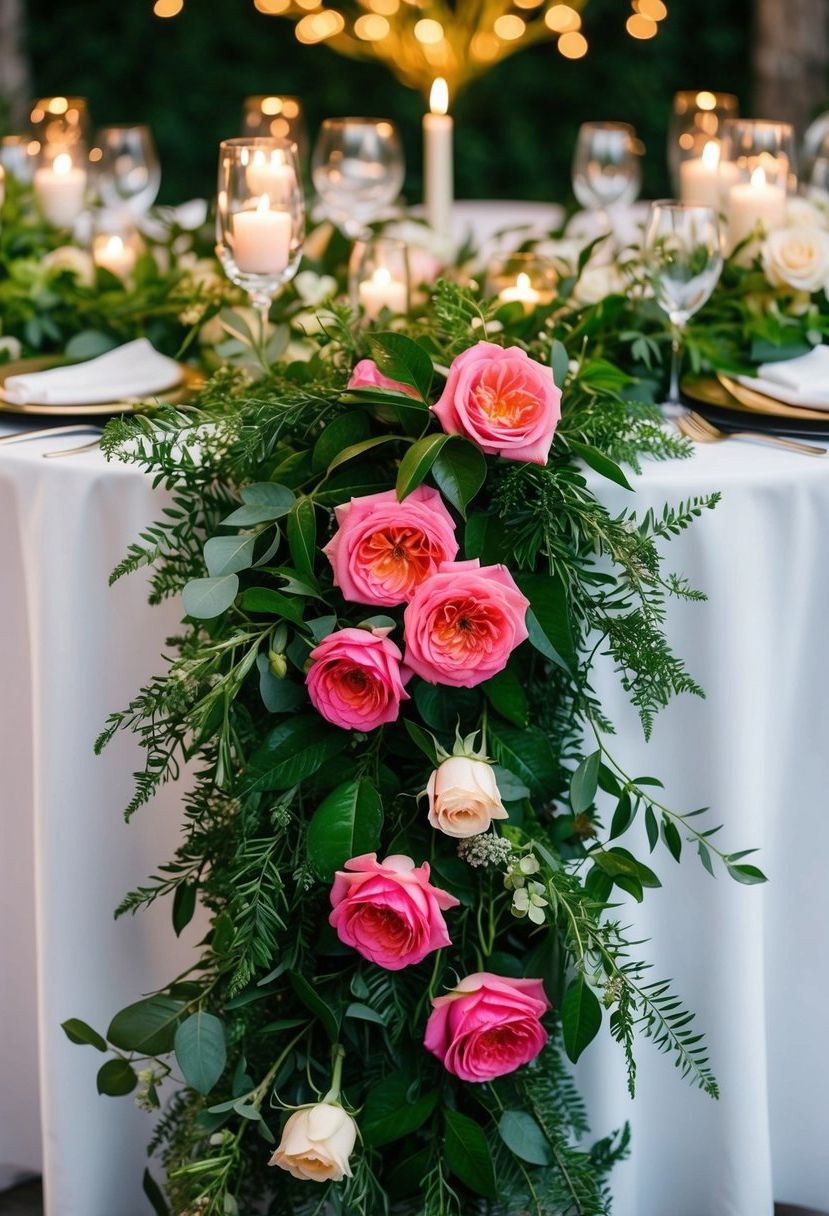 Lush greenery garlands adorned with vibrant roses cascade down a wedding table, creating a romantic and enchanting atmosphere