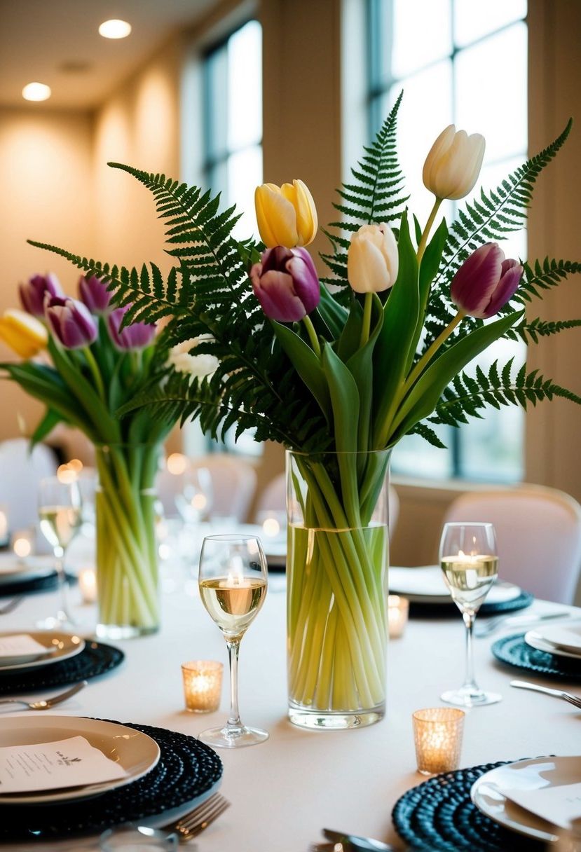 A low-profile centerpiece featuring tulips and ferns adorning a wedding table