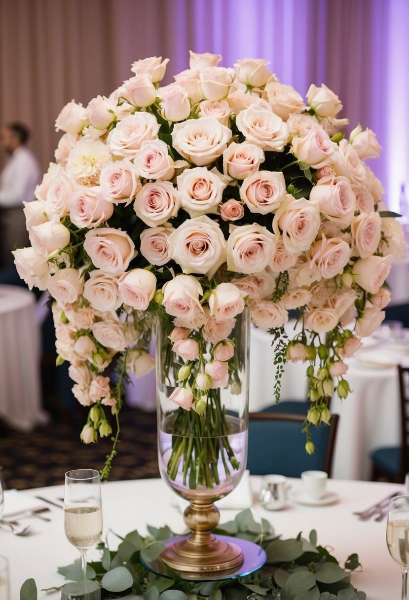 A lush arrangement of pastel roses cascading from a glass vase atop a wedding reception table