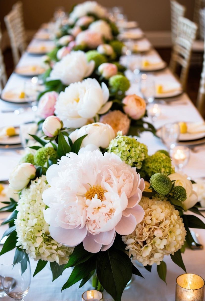 Lush peonies and hydrangeas adorn a wedding table, creating a lavish floral arrangement