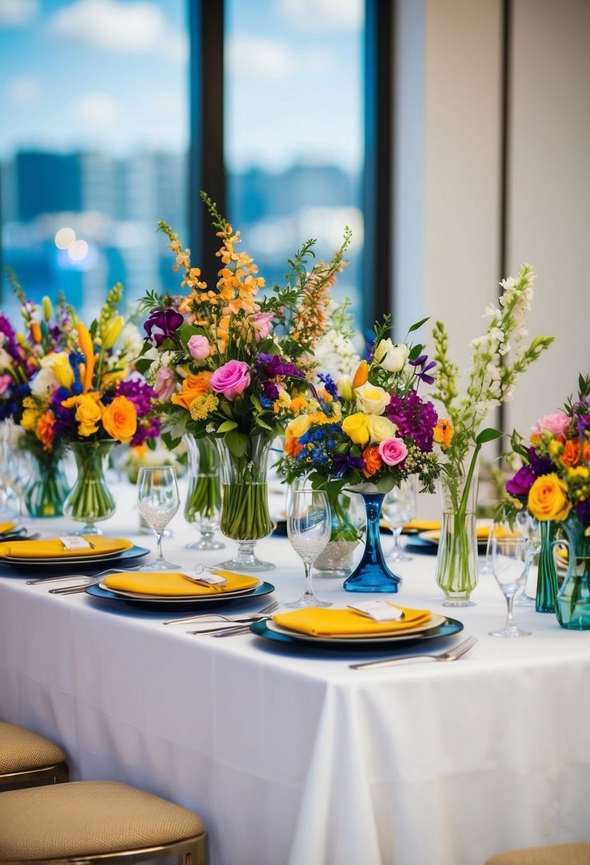 A table set with a white tablecloth and adorned with a variety of colorful and elegant floral arrangements in glass vases of different shapes and sizes