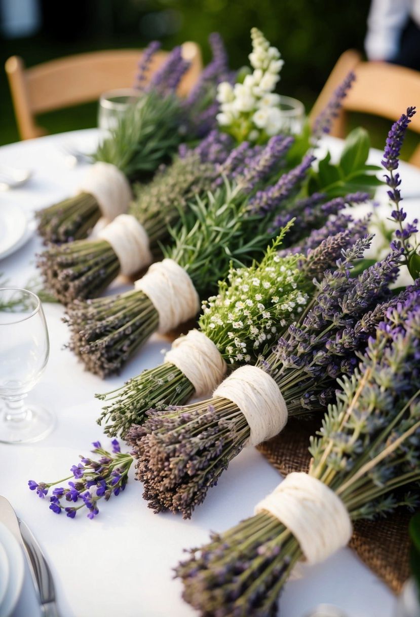 Lavender and herb bundles arranged on a wedding table with delicate floral accents