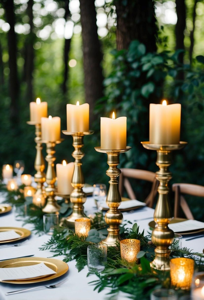 Golden candle holders arranged on a forest wedding table, surrounded by lush greenery and soft candlelight