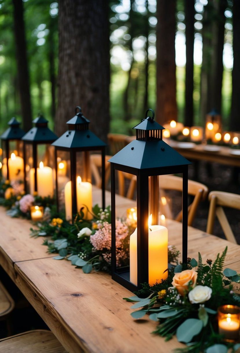 Candlelit lanterns illuminate a forest wedding table, casting a warm glow on rustic decor and delicate floral arrangements