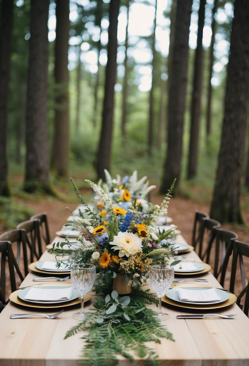 A forest table adorned with elegant wildflower bouquets, creating a whimsical and romantic atmosphere for a wedding celebration