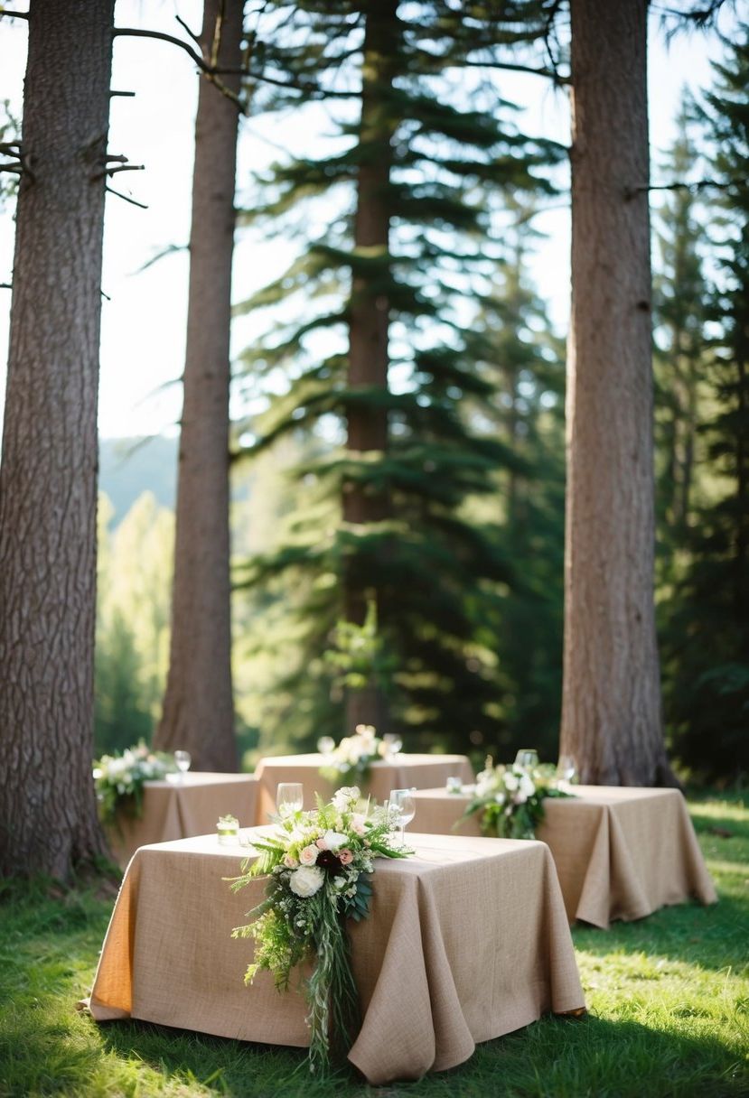 Rustic forest wedding scene with burlap tablecloths, adorned with wildflowers and greenery, set against a backdrop of towering trees and dappled sunlight