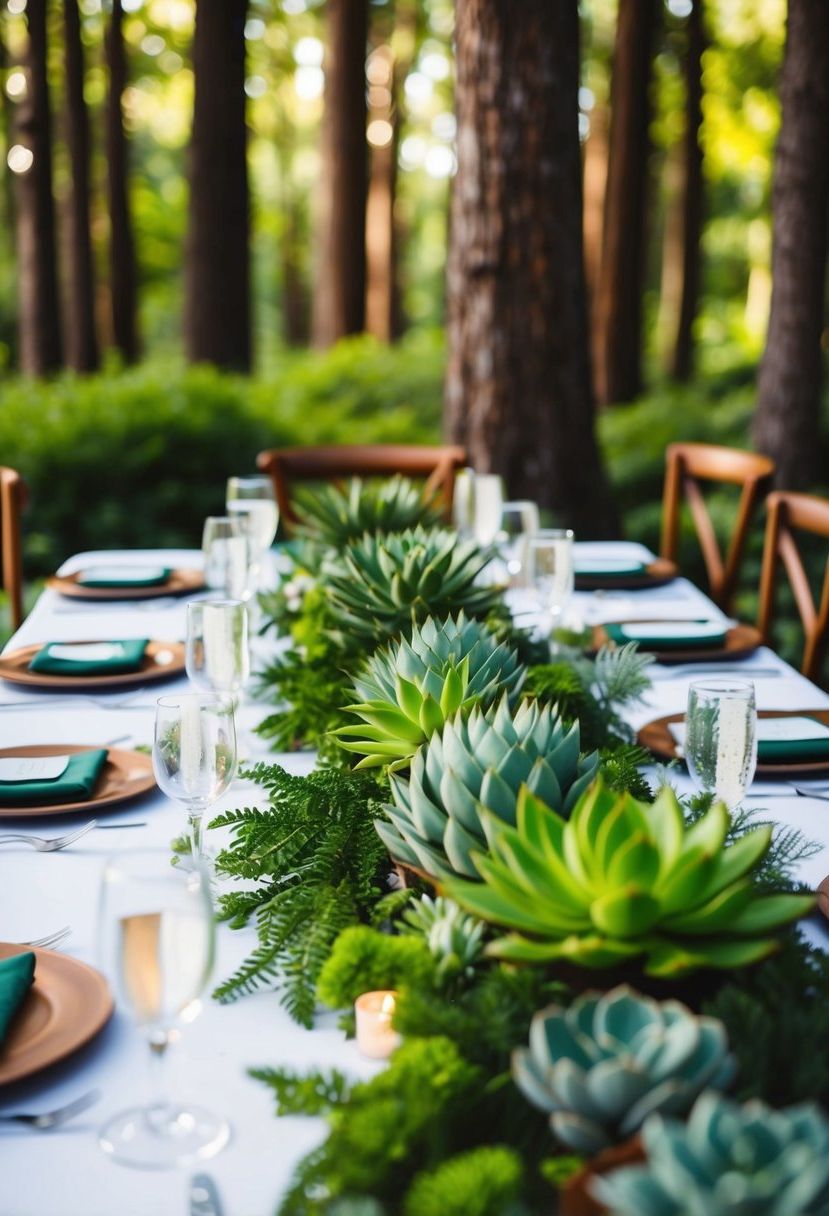 A lush forest-themed wedding table adorned with succulent plant decorations
