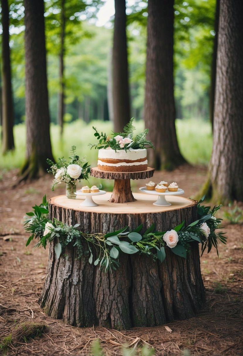 A rustic tree stump dessert stand adorned with greenery and flowers, set amidst a forest clearing for a whimsical wedding table decoration
