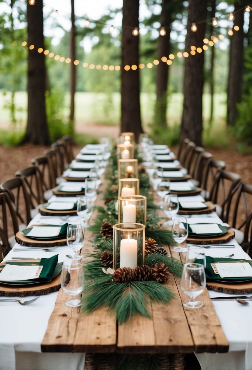 A table adorned with rustic wood elements and forest-inspired decor for a wedding celebration