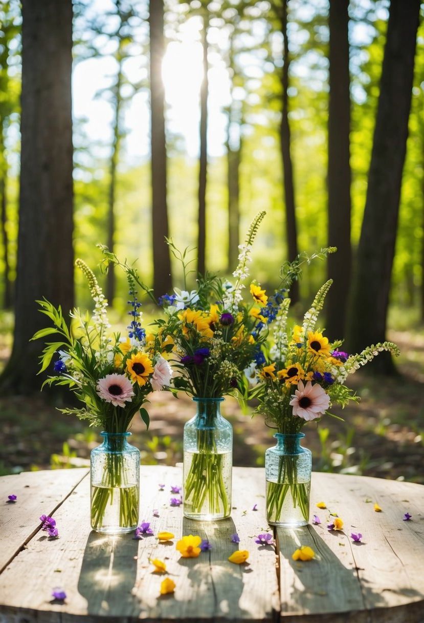 A table set in a forest clearing, adorned with wildflower arrangements in glass vases and scattered petals. Sunlight filters through the trees, casting dappled shadows on the rustic wooden surface