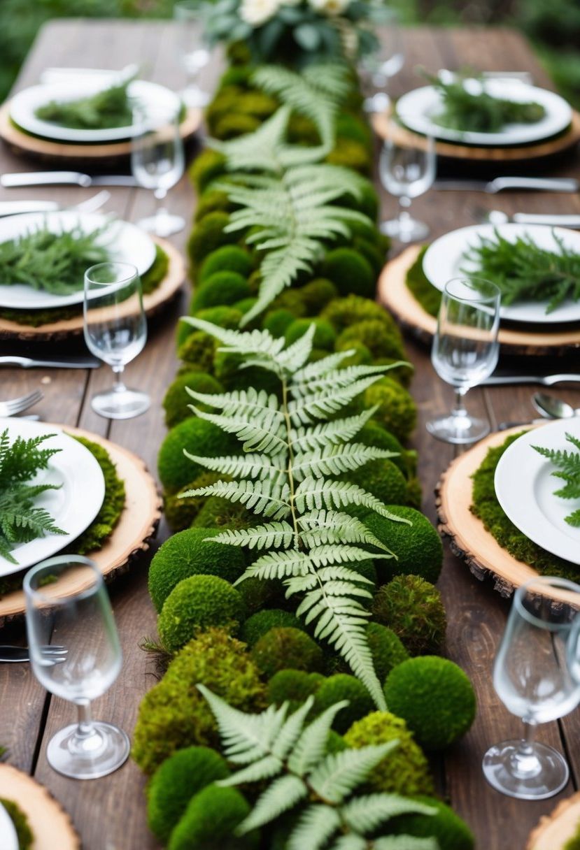 Lush green moss runners adorned with delicate ferns, creating a woodland-inspired table setting for a forest wedding