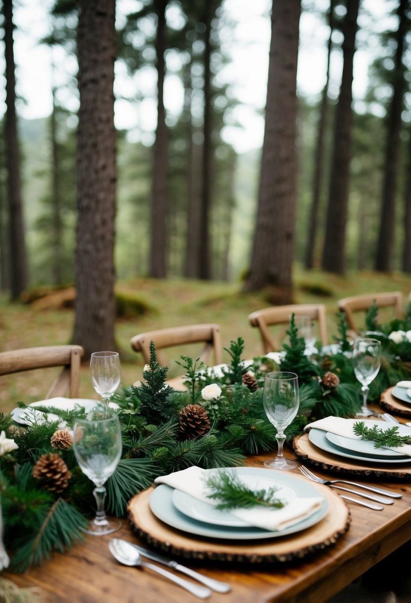 A rustic forest wedding table adorned with evergreen place settings and natural decor