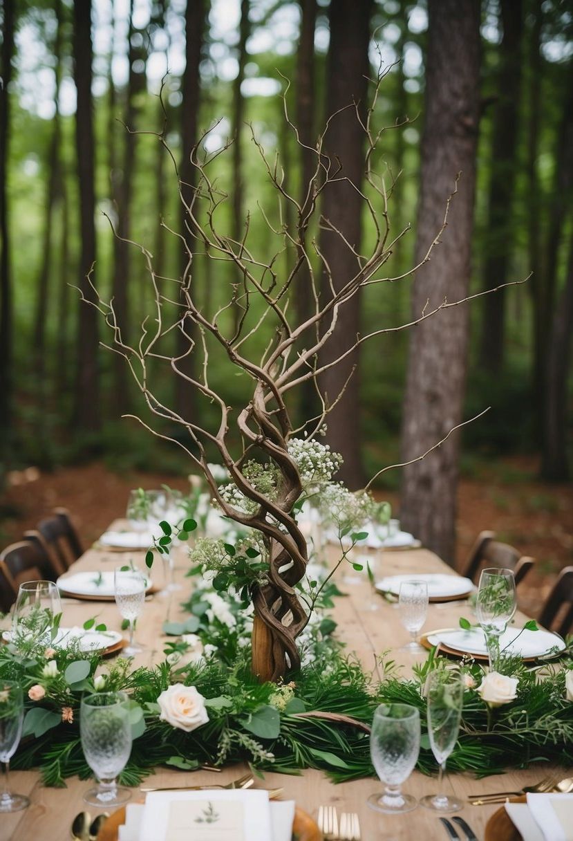 Twisted branches entwined with greenery and delicate flowers arranged as centerpieces on a rustic forest wedding table