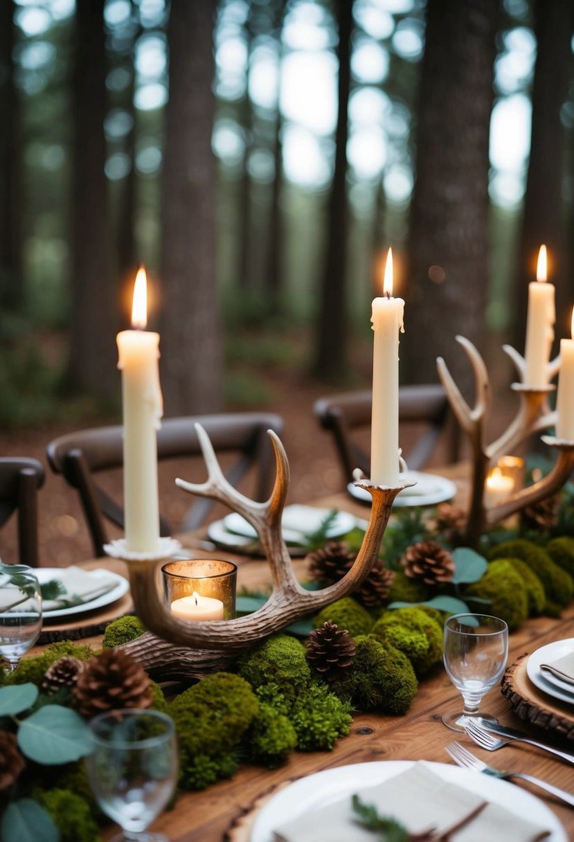 A woodland table adorned with antler candle holders, mossy accents, and rustic floral arrangements