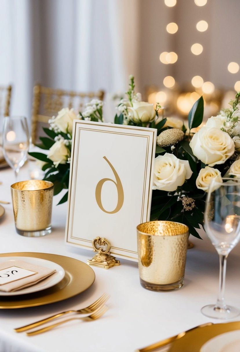 A table adorned with ivory and gold numbers, surrounded by elegant gold and white wedding decorations