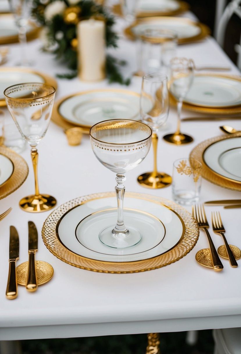 Golden-rimmed glass plates arranged on a white table, adorned with gold accents for a wedding celebration